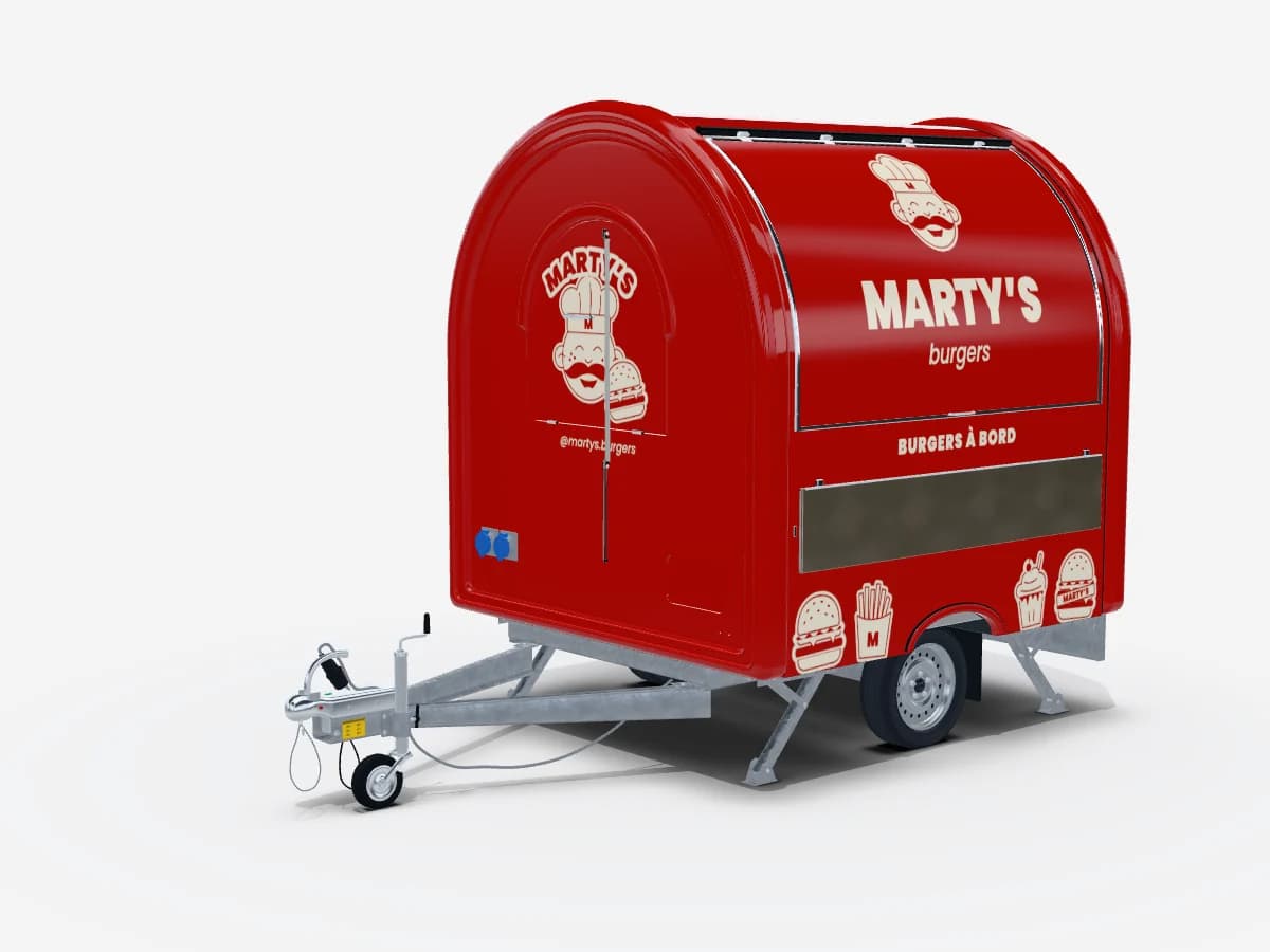 Covering food truck sur la remorque Chef+ AIR 220, aperçu 3D d’une enseigne de burgers