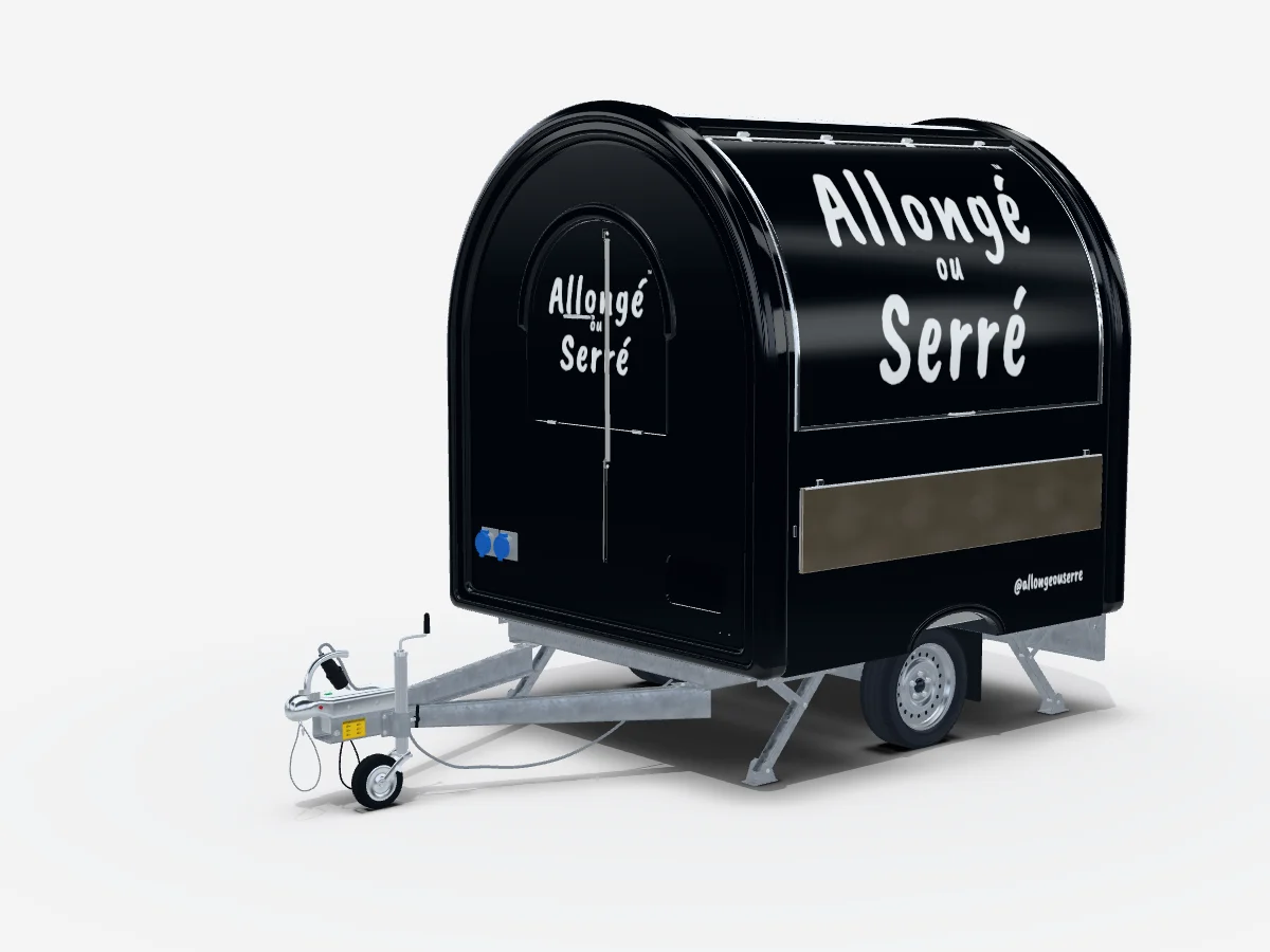 Covering sur la remorque bar mobile Barista AIR 220, aperçu 3D d’une enseigne de café